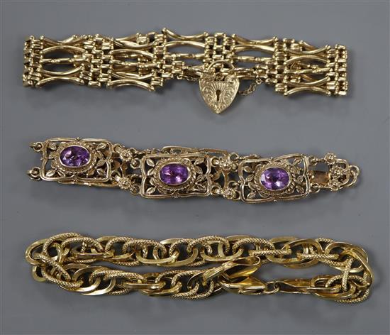 An Italian 750 yellow metal bracelet, a 9k and amethyst bracelet and a 9ct gold fancy gatelink bracelet.